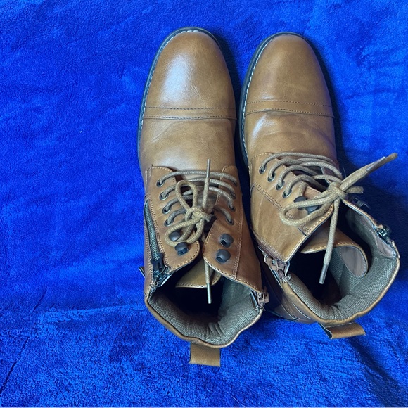 Vostey Milan Brown Combat Motorcycle Leather Boots Lace Up & Zip Mens Size 10.5